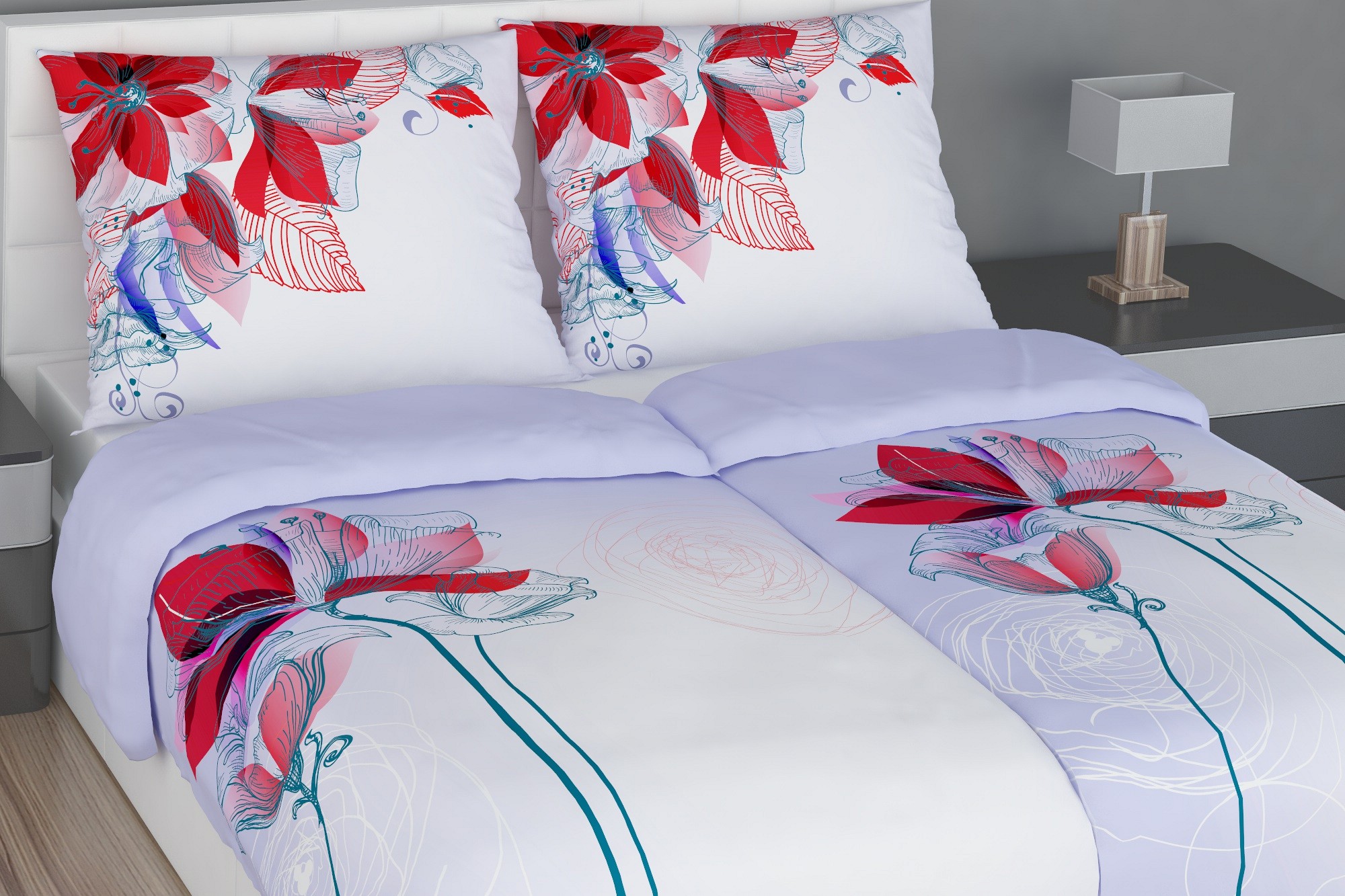 Blumen-Bettwäsche Aus Weichem Satin Mit Roten Blüten